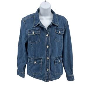 Great Northwest Blue Jean Denim Jacket Womens L Button Front Medium Wash Cotton